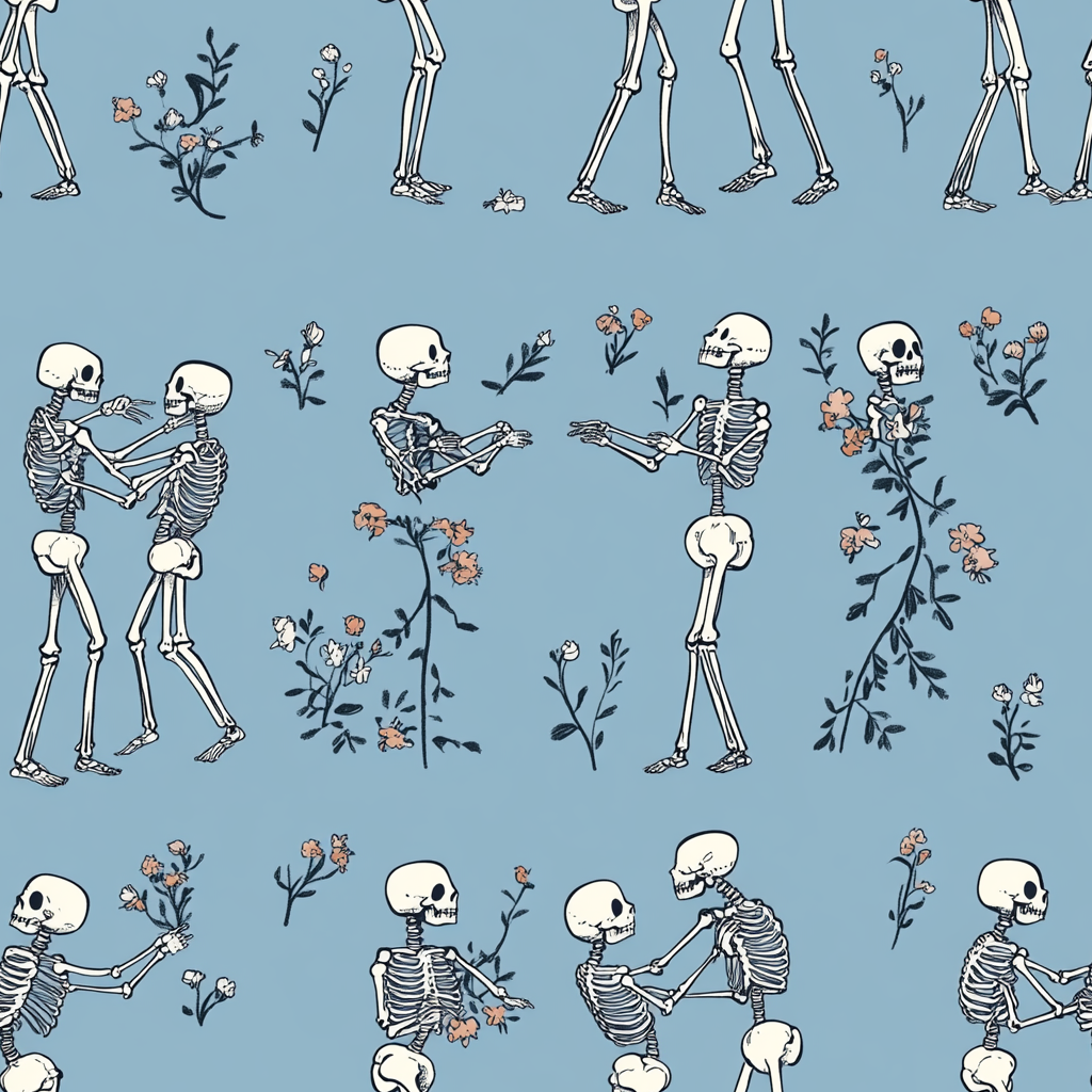 Cartoon skeleton couples slow dance, Edward Gorey style.