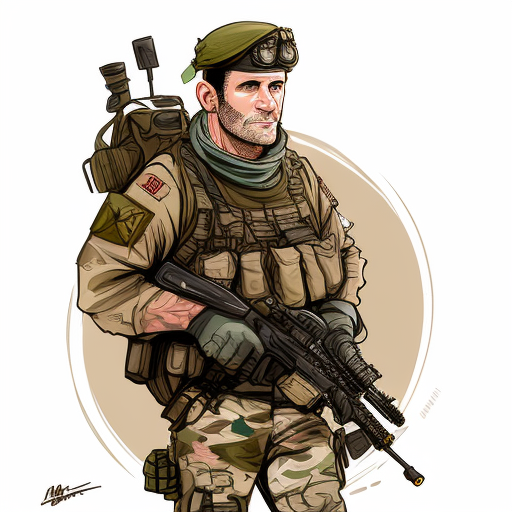 Cartoon soldier in academic uniform with quill rifle.