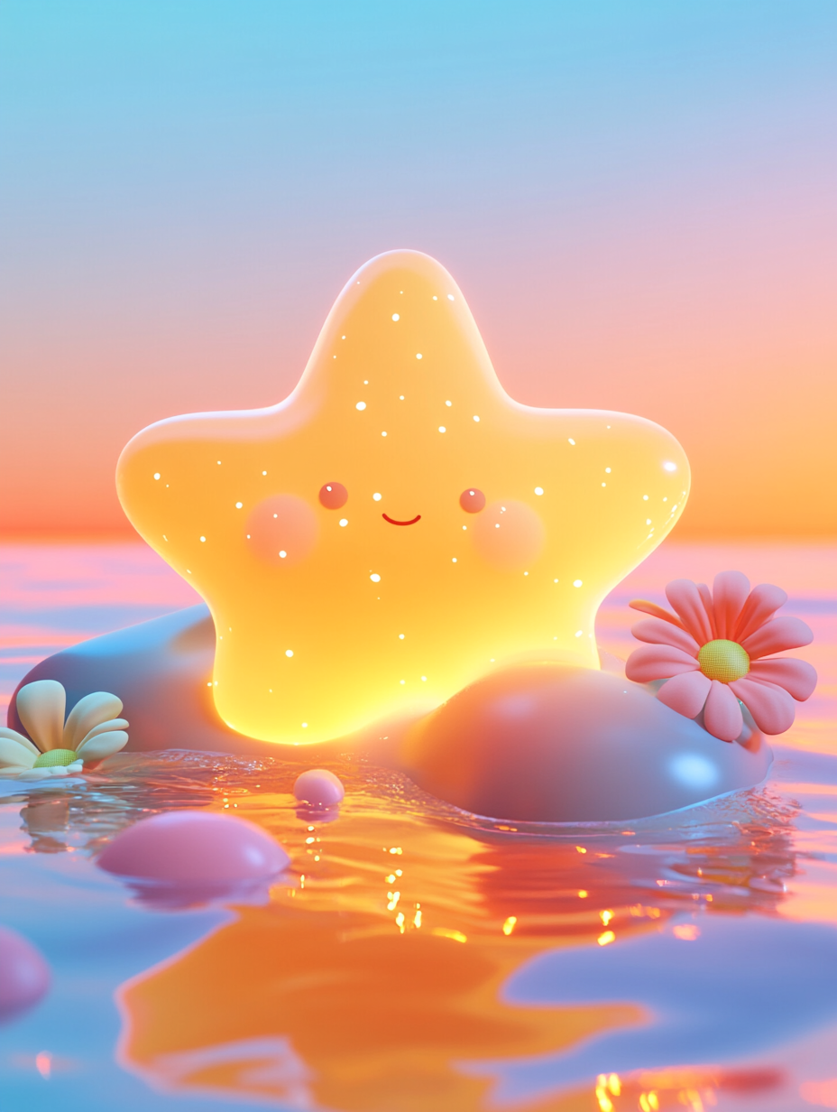 Cartoon star shape with water, flower elements in sky.