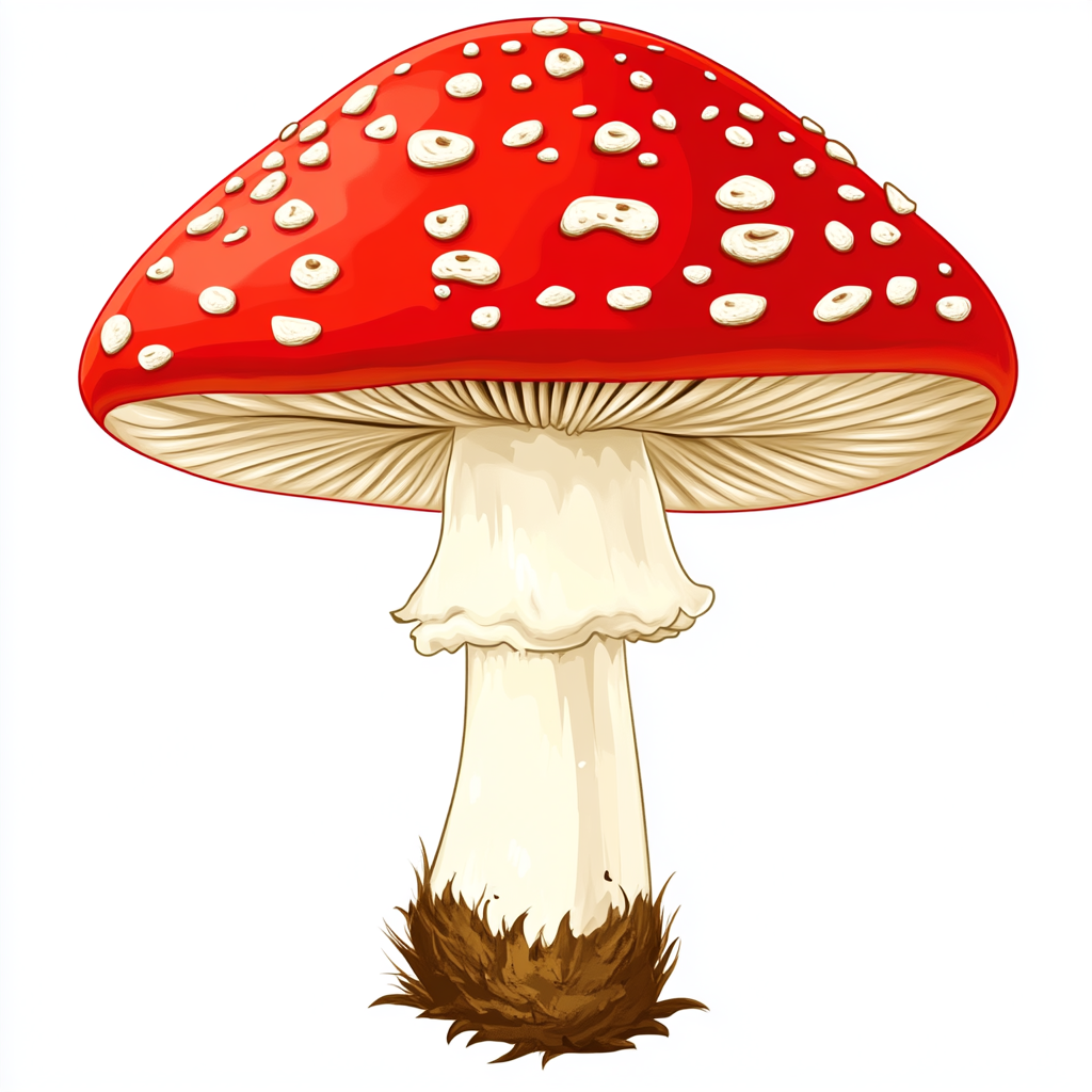 Cartoon style Amanita muscaria mushroom on white background