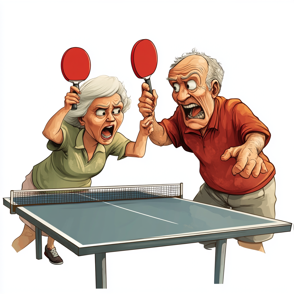 Cartoon-style Couple Playing Intense Ping Pong Together