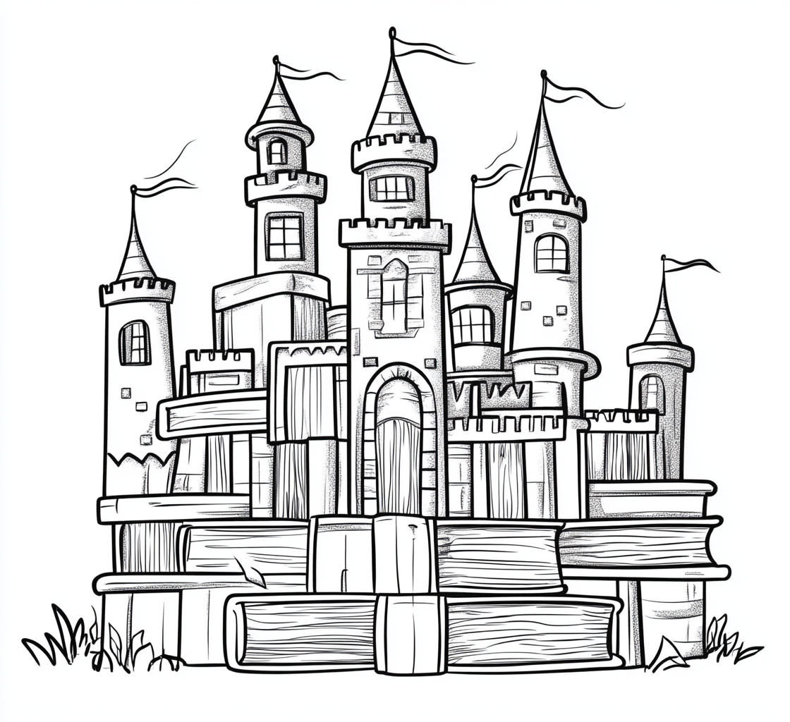 Cartoon style coloring page of fantasy castle from books.