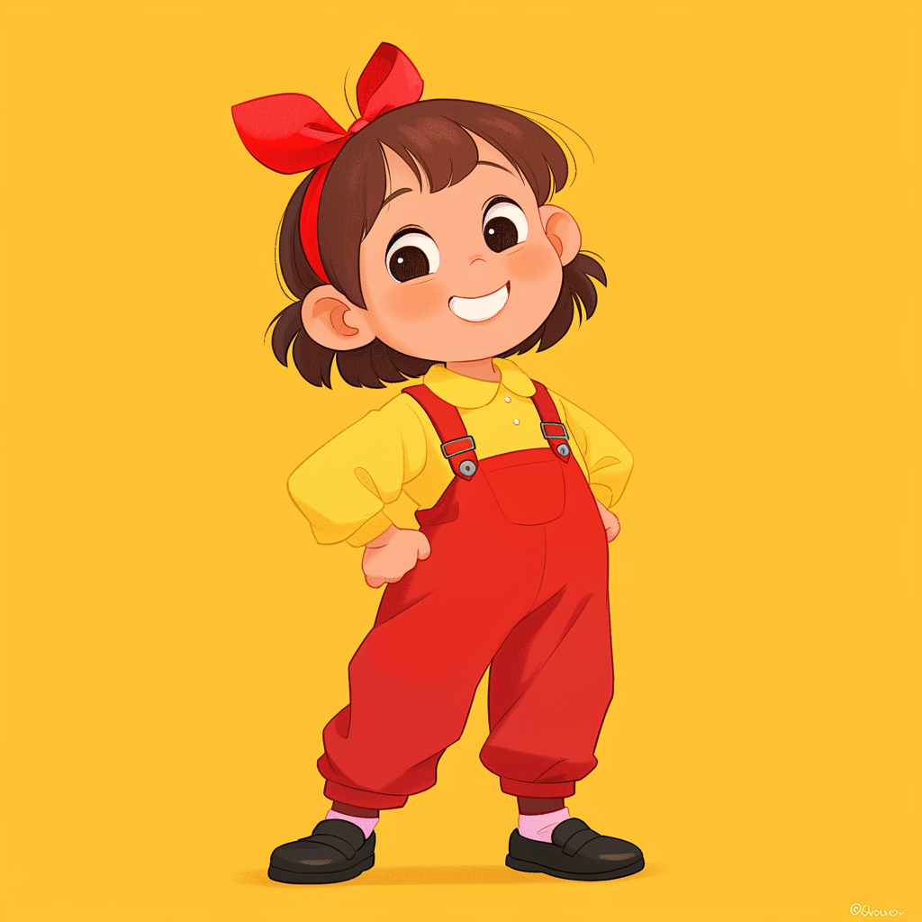 Cartoon-style confident girl with red ribbons and cheerful pose.