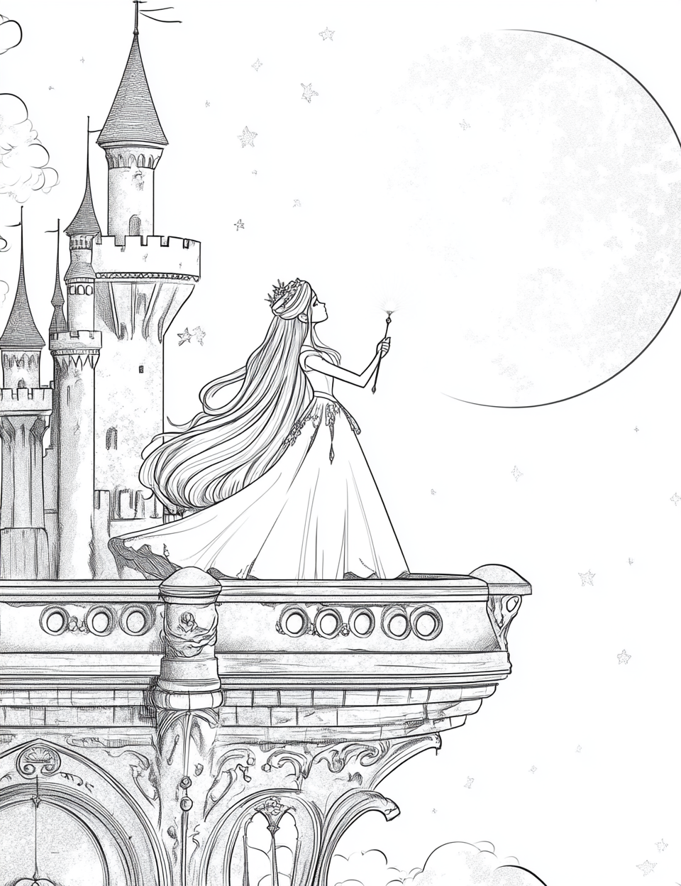 Cartoon-style princess with magic wand on castle balcony