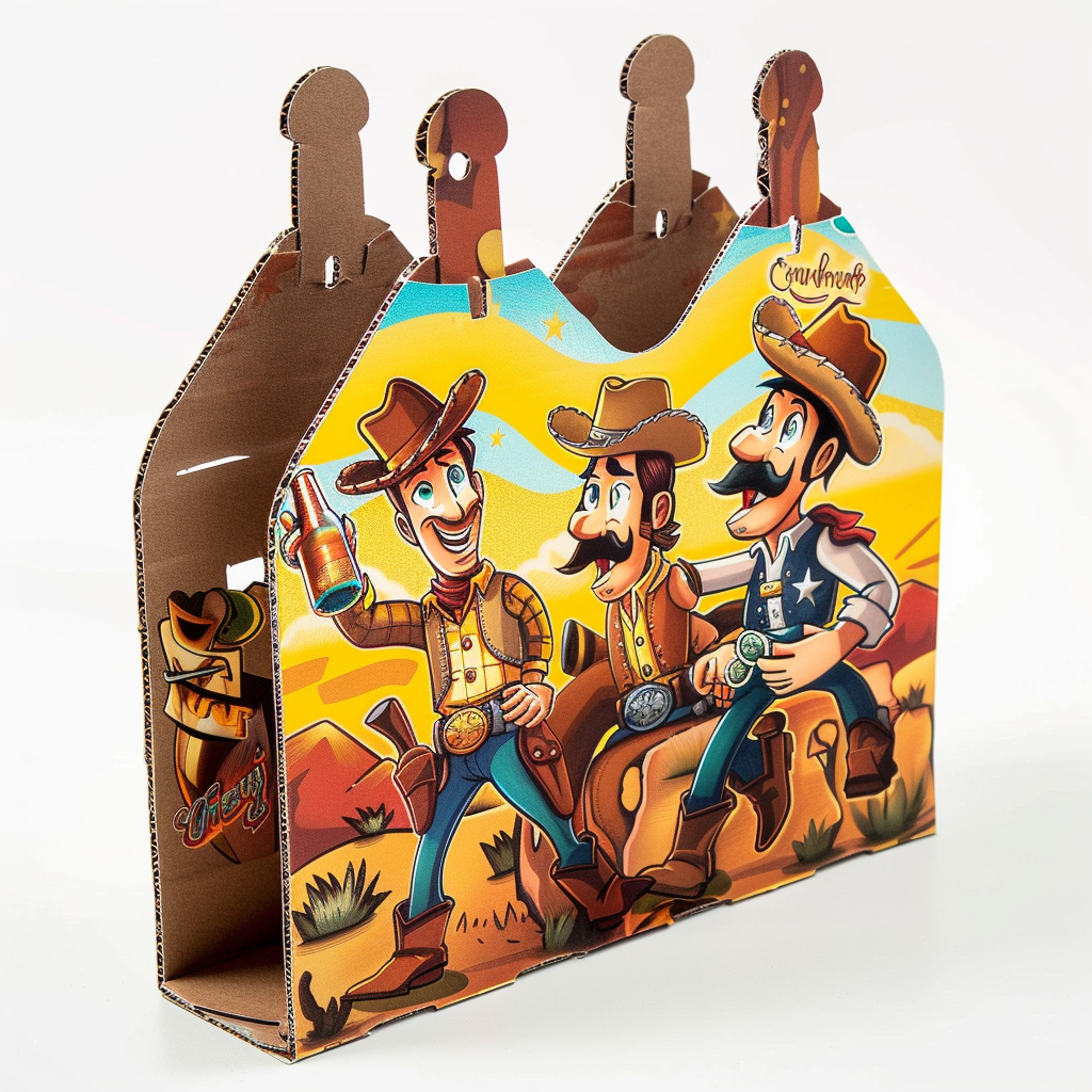 Cartoon themed beer carrier with Western design on white background.