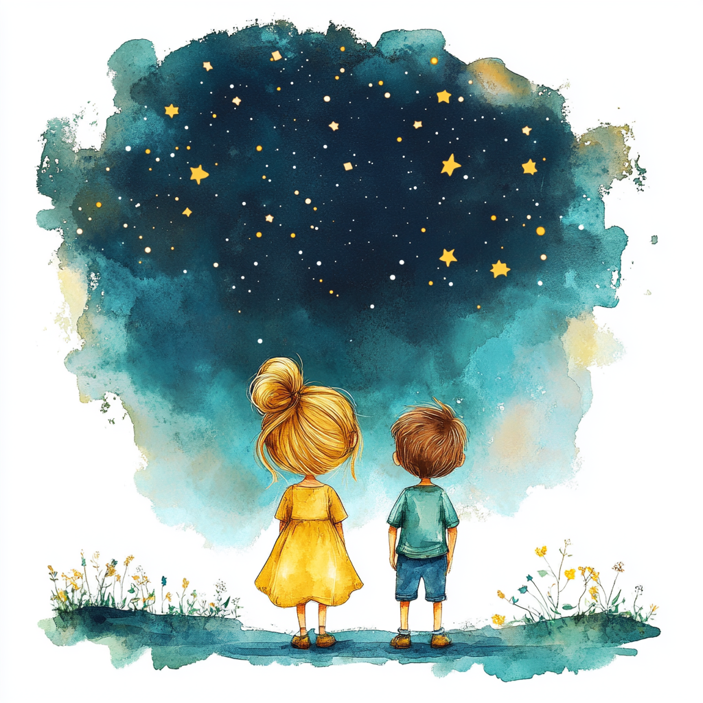 Cartoony Kids Stargazing in Spring Evening - 3D