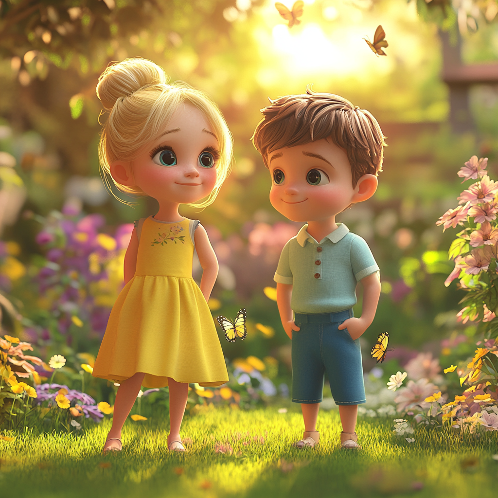 Cartoony Kids in Garden Sunset - 3D Animation