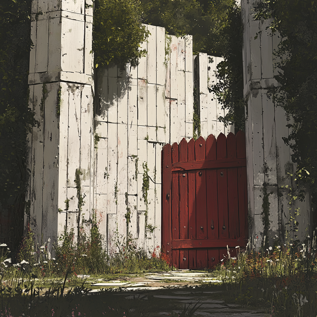 Castle made of white planks, red gate, forest background.