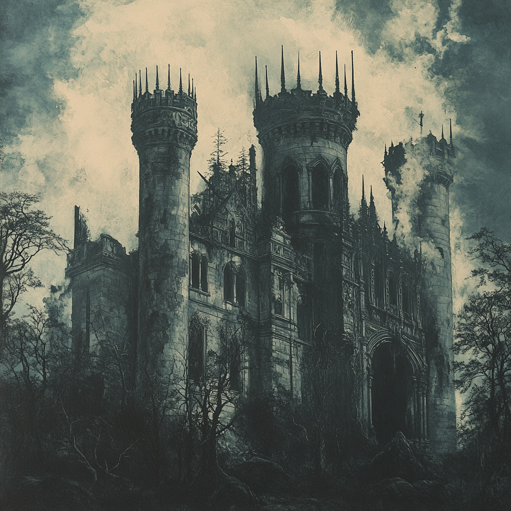 Castle of darkness with trees, towers, Gothic elements