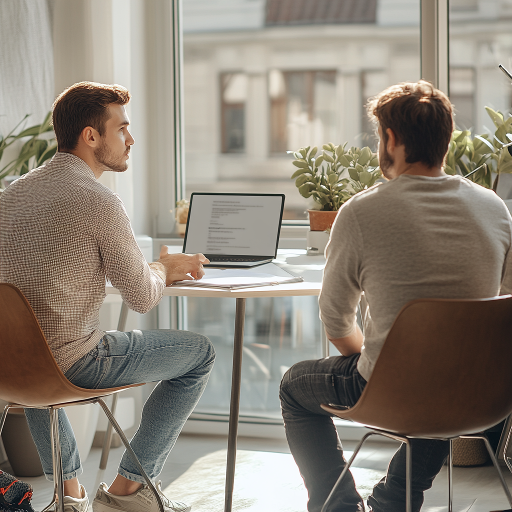 Casual job interview with two men in office