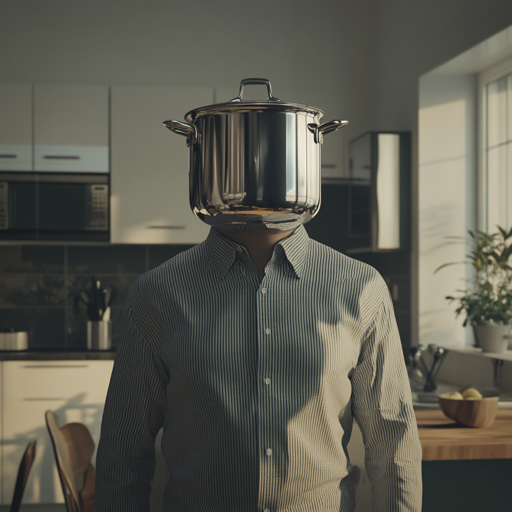 Casual person with pot for a head in kitchen.