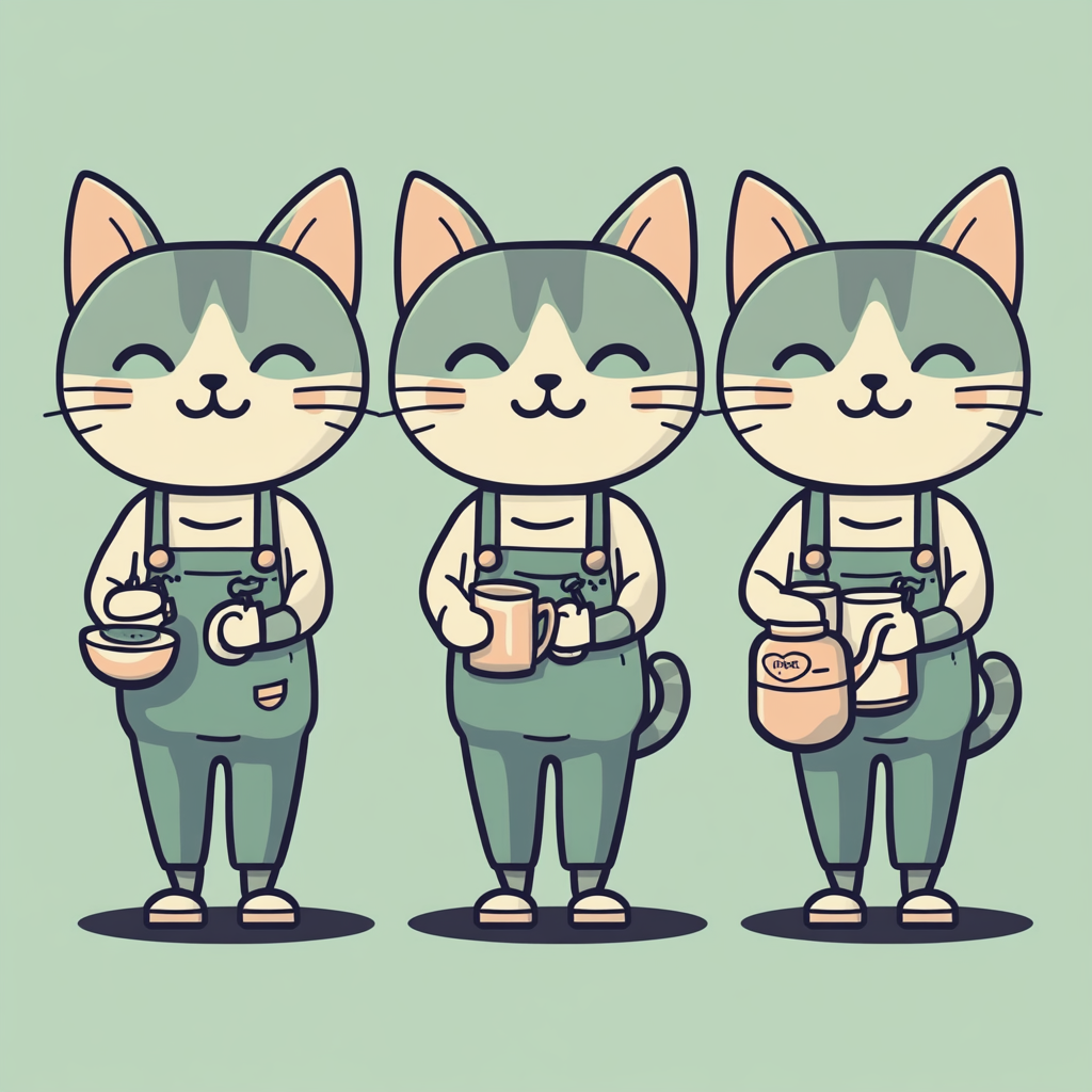 Cat Barista with Tea Pattern in 3 Poses