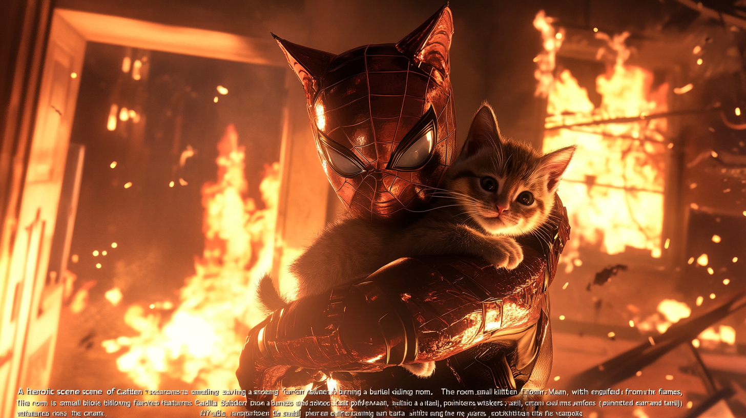 Cat Spider-Man saves kitten from burning room dramatically.