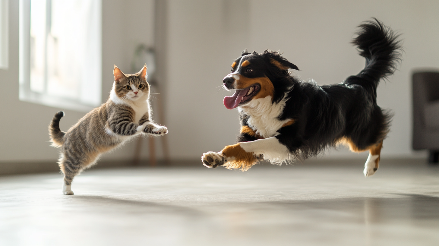 Cat and Dog Playing in Living Room