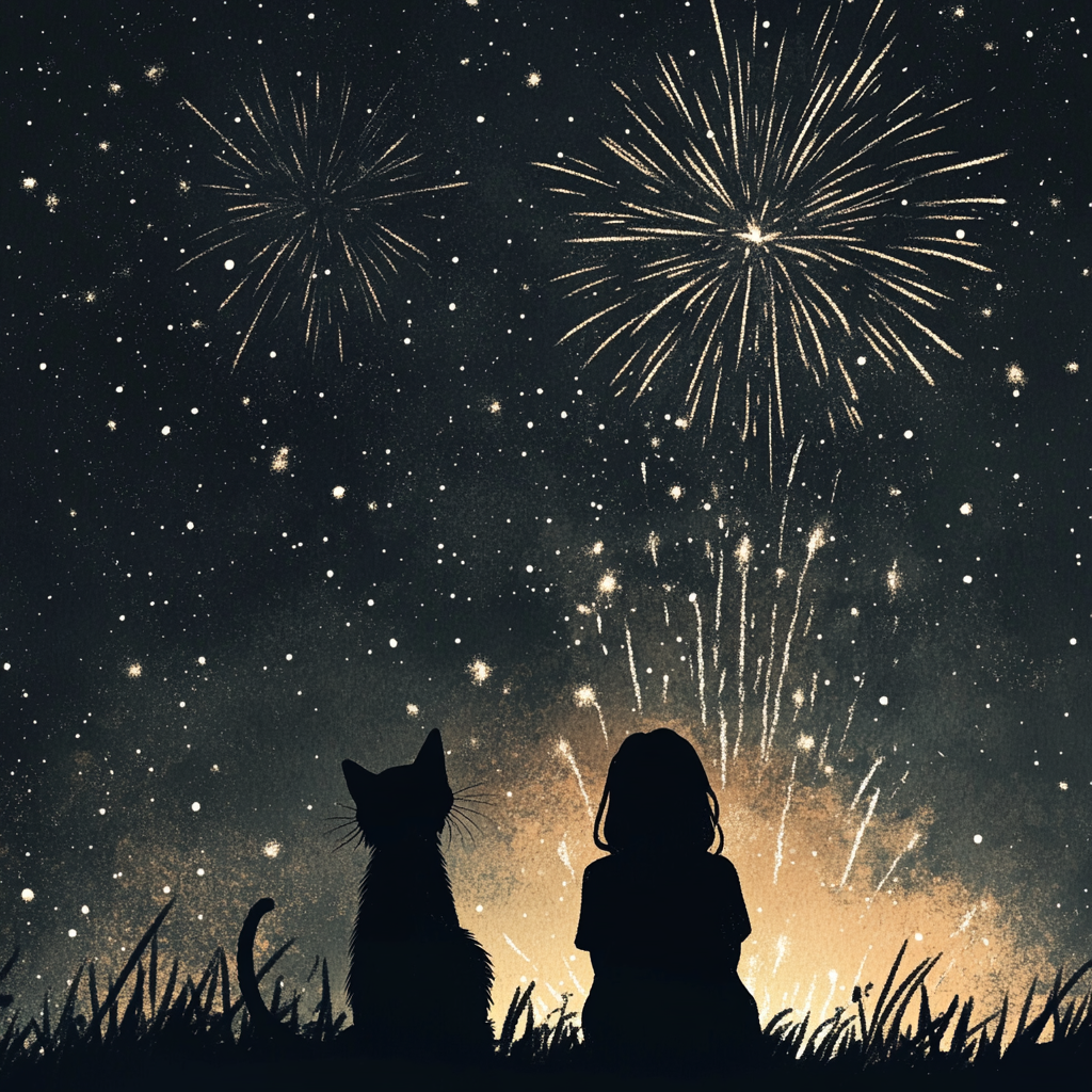 Cat and woman look at fireworks on night sky.