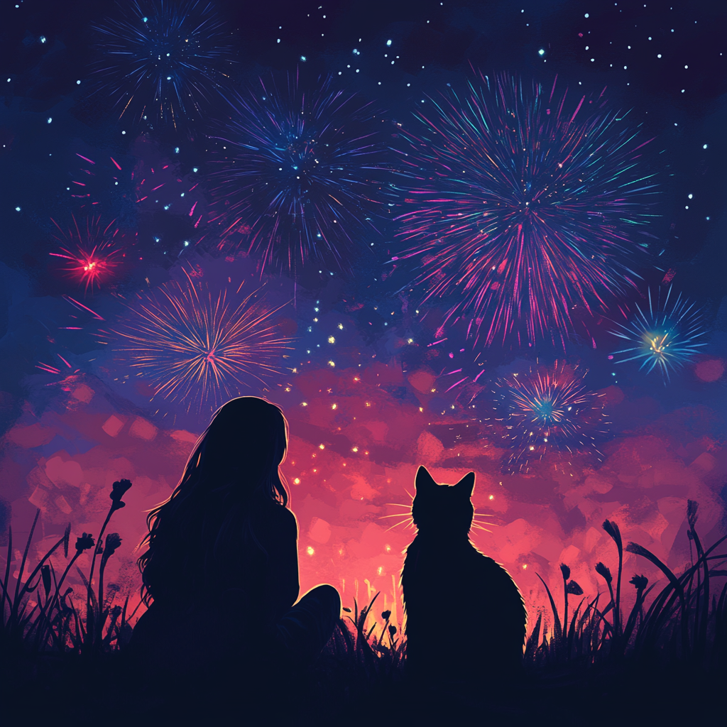 Cat and woman watching fireworks in the sky.