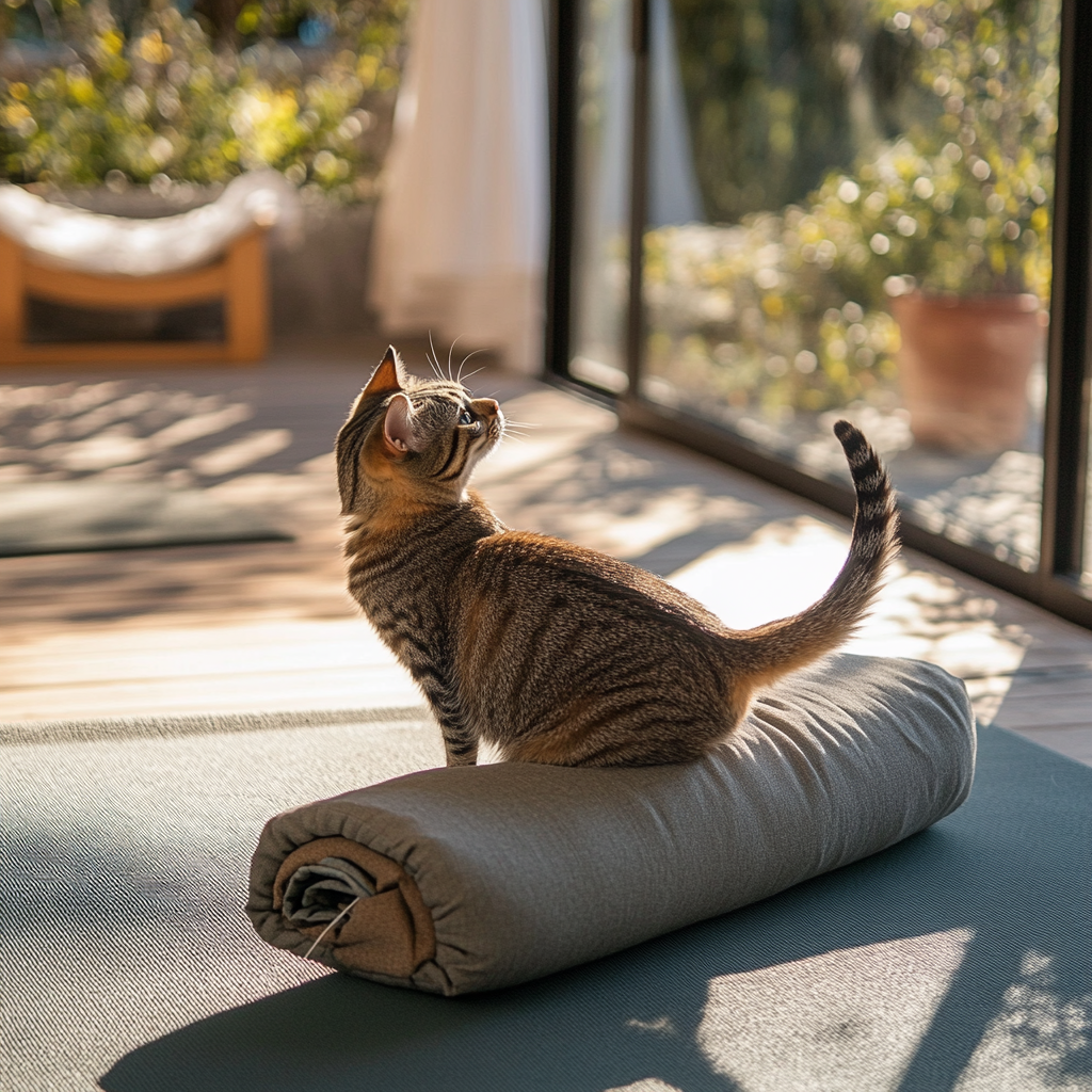 Cat doing yoga on Alo Yoga bag outdoors.