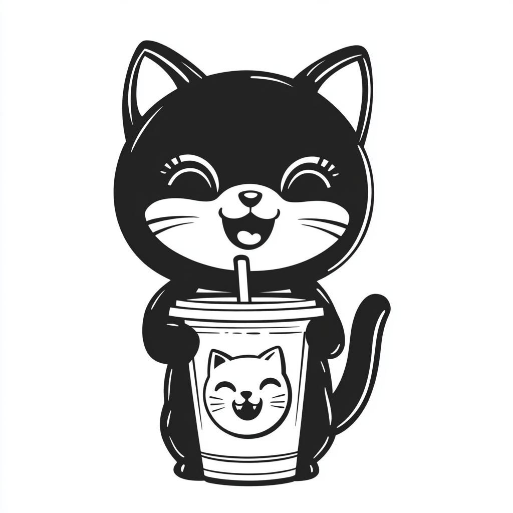 Cat enjoys latte with logo cup, smiling