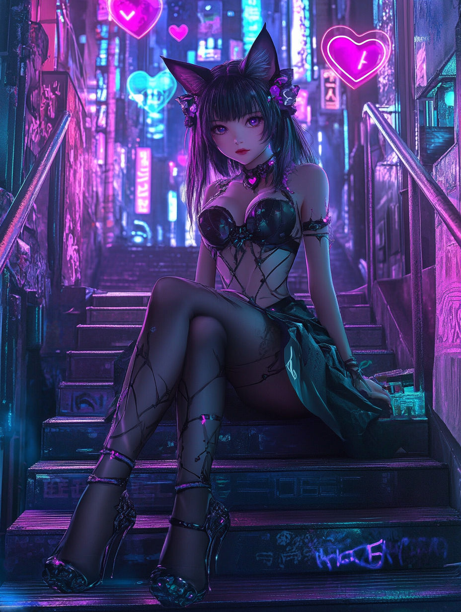 Cat girl in cyberpunk city with heart-shaped neon.