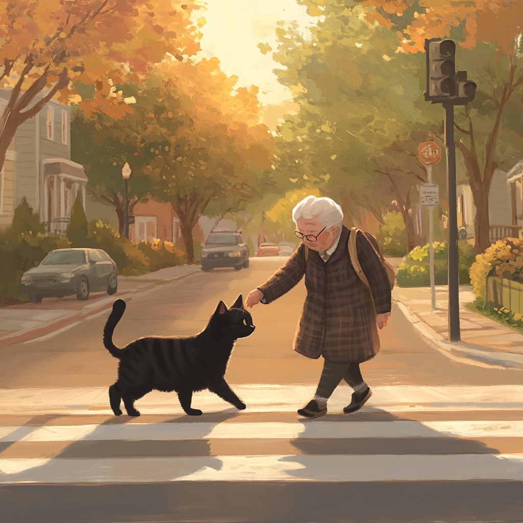 Cat helping elderly lady cross street with care.