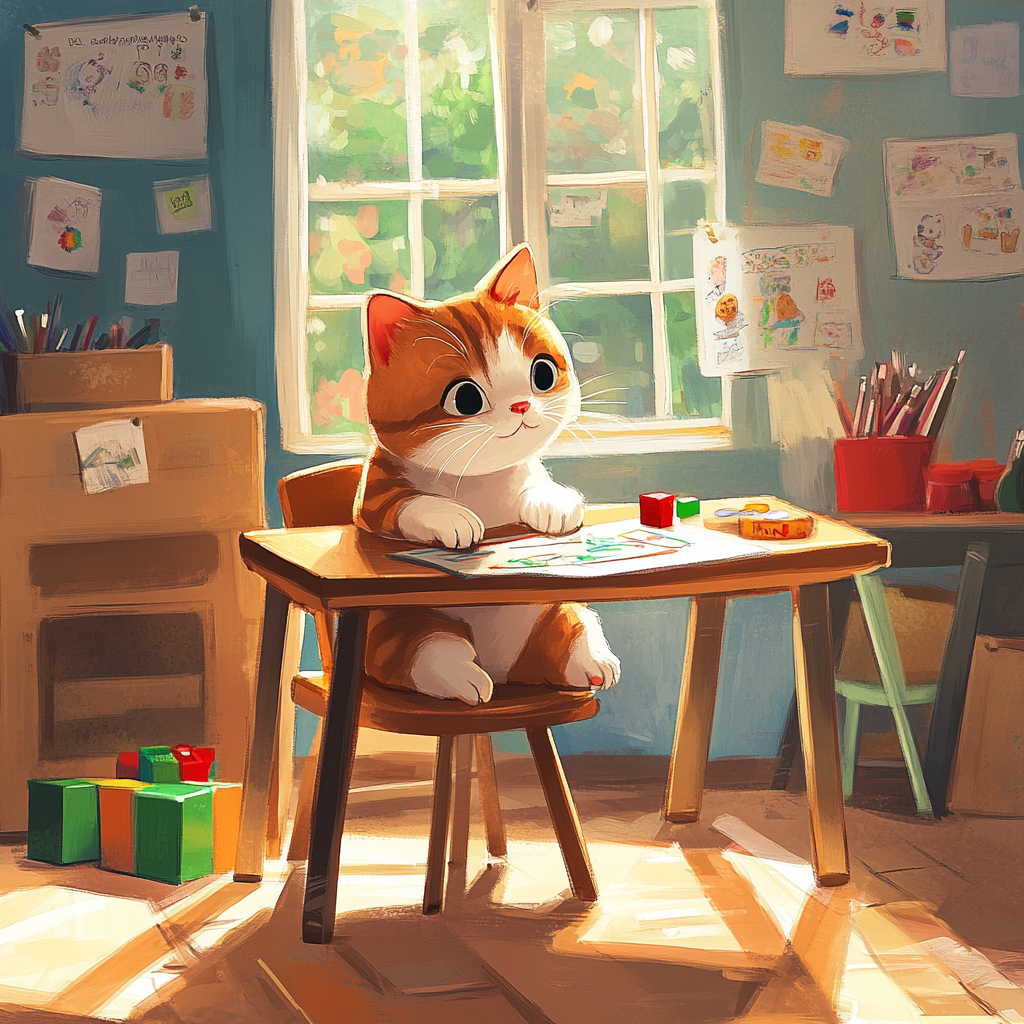 Cat in After-School Club: Drawing or Building Blocks