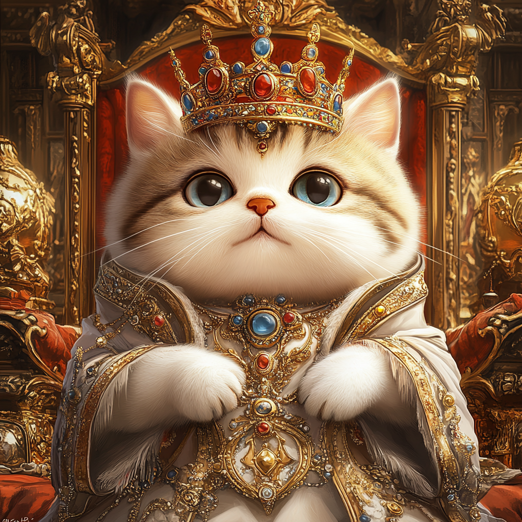 Cat king in luxurious crown, robe, throne room.