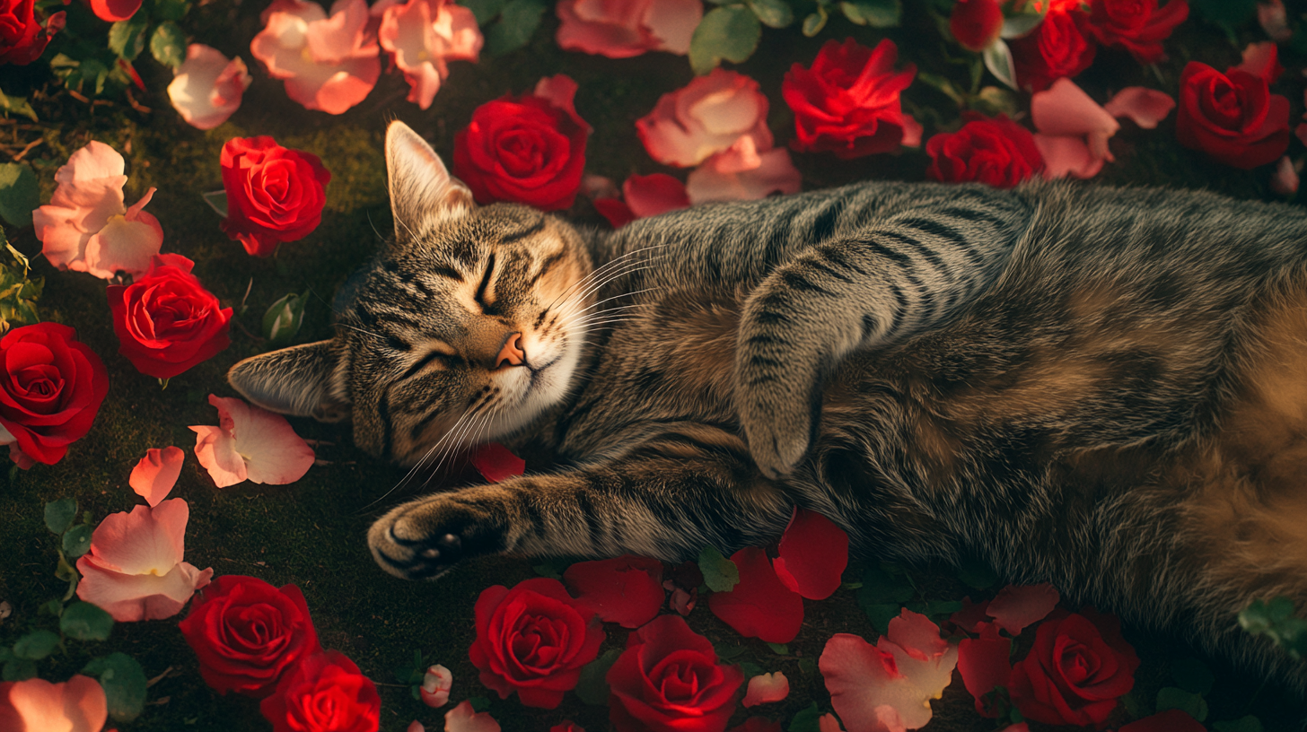 Cat napping on roses in messy garden.