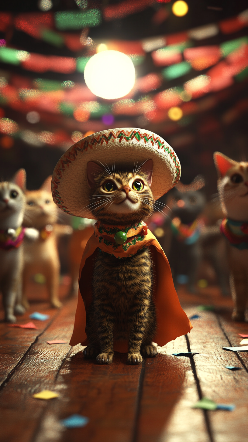 Cat party with sombrero, disco ball, streamers.