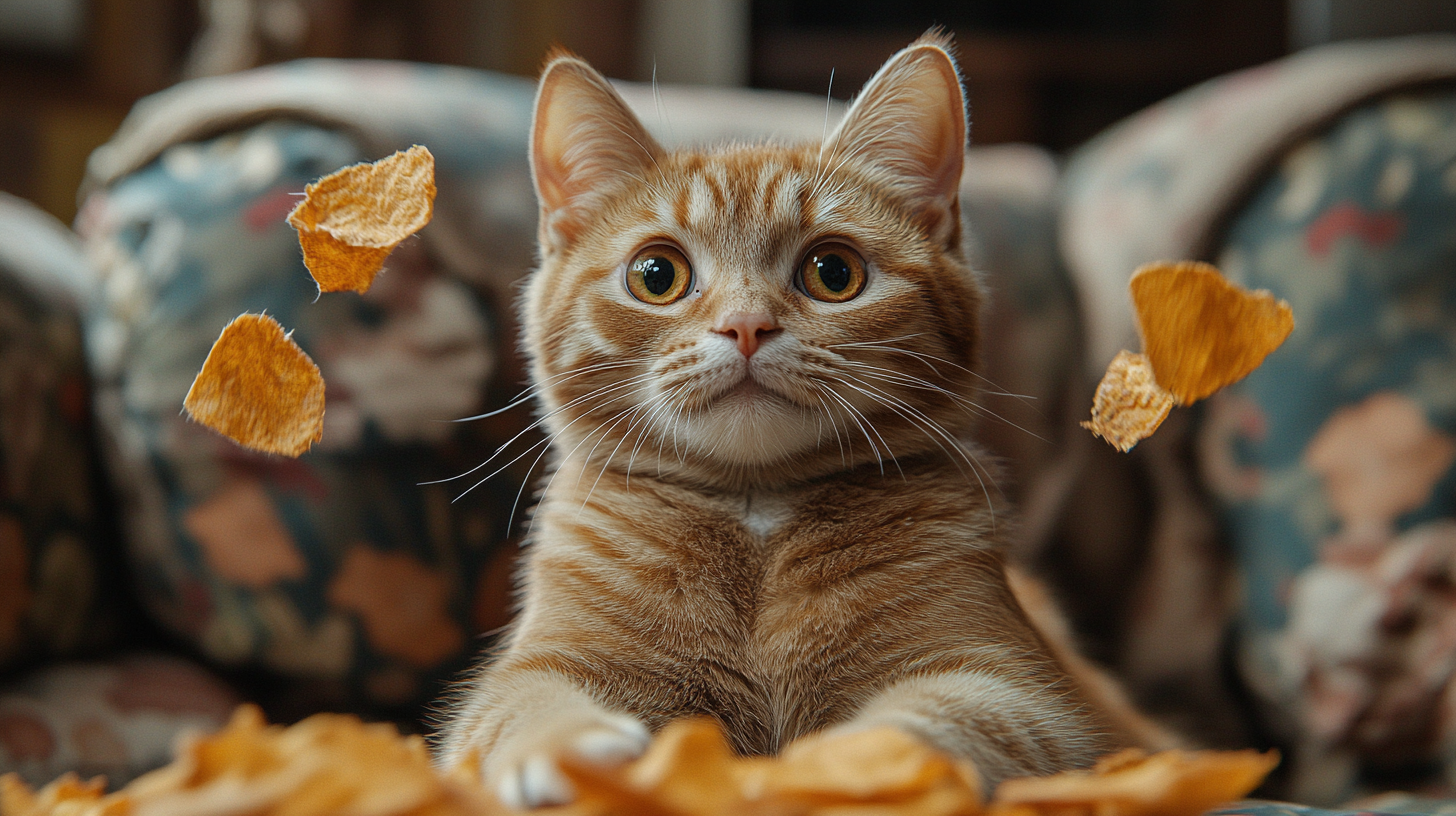 Cat plays with torn fabric as master creates.