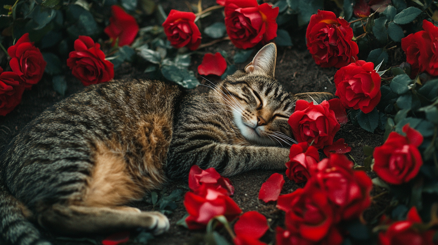 Cat resting on Roses, forming heart. Aerial photo.