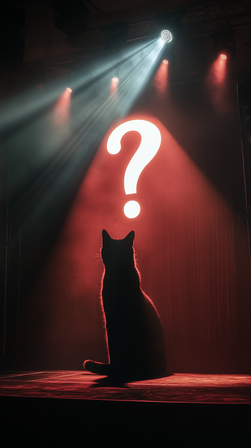 Cat shadow dominates stage with glowing question mark mystery.