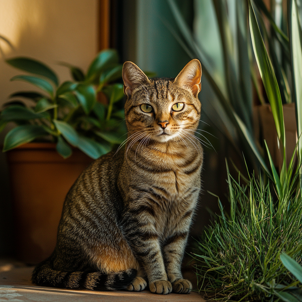 Cat sitting in front of home decor, plants. Portrait photography, soft lighting.