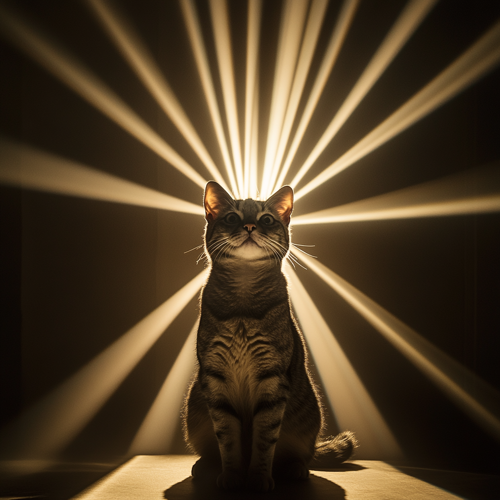 Cat sitting in front of projected light, minimalist logo.