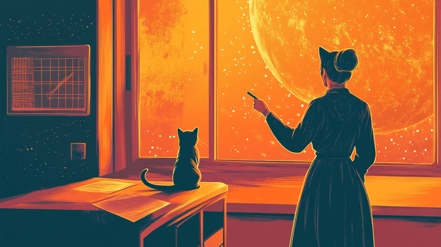 Cat teacher in Moebius style classroom with cosmic view.