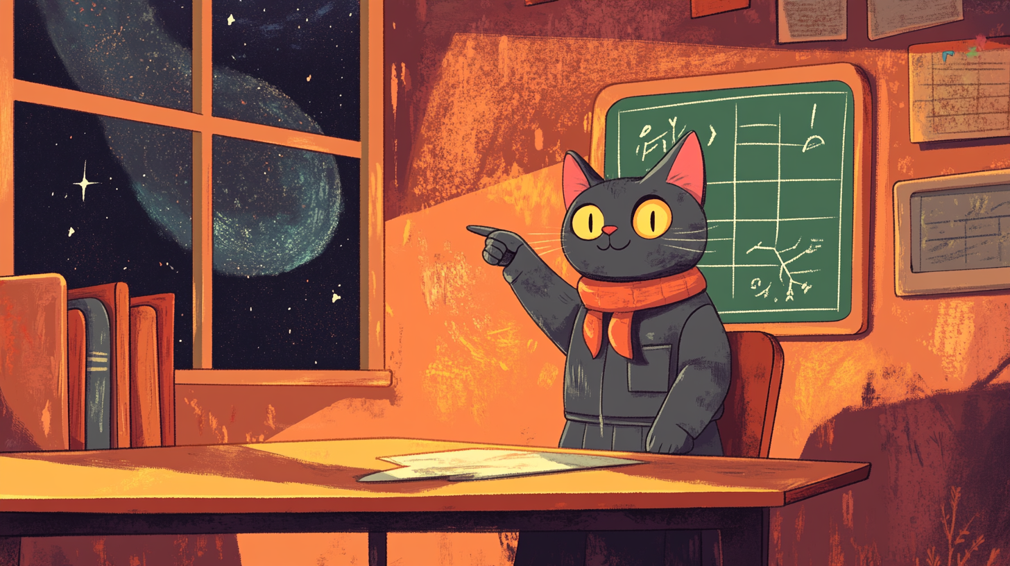 Cat-teacher in classroom with pointer, Moebius style, retro postcard