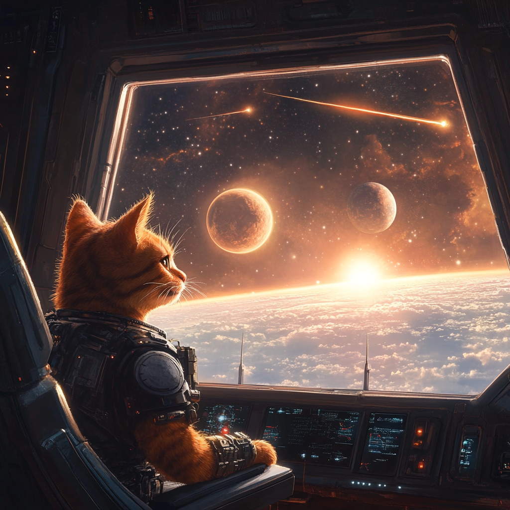 Cat warrior on spaceship bridge, viewing binary star system.