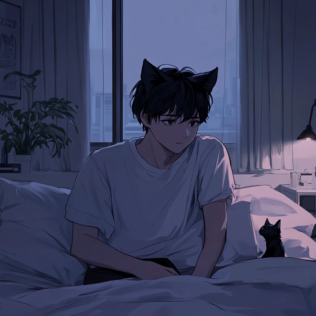 Catboy in oversized shirt cuddling pillow in bedroom.