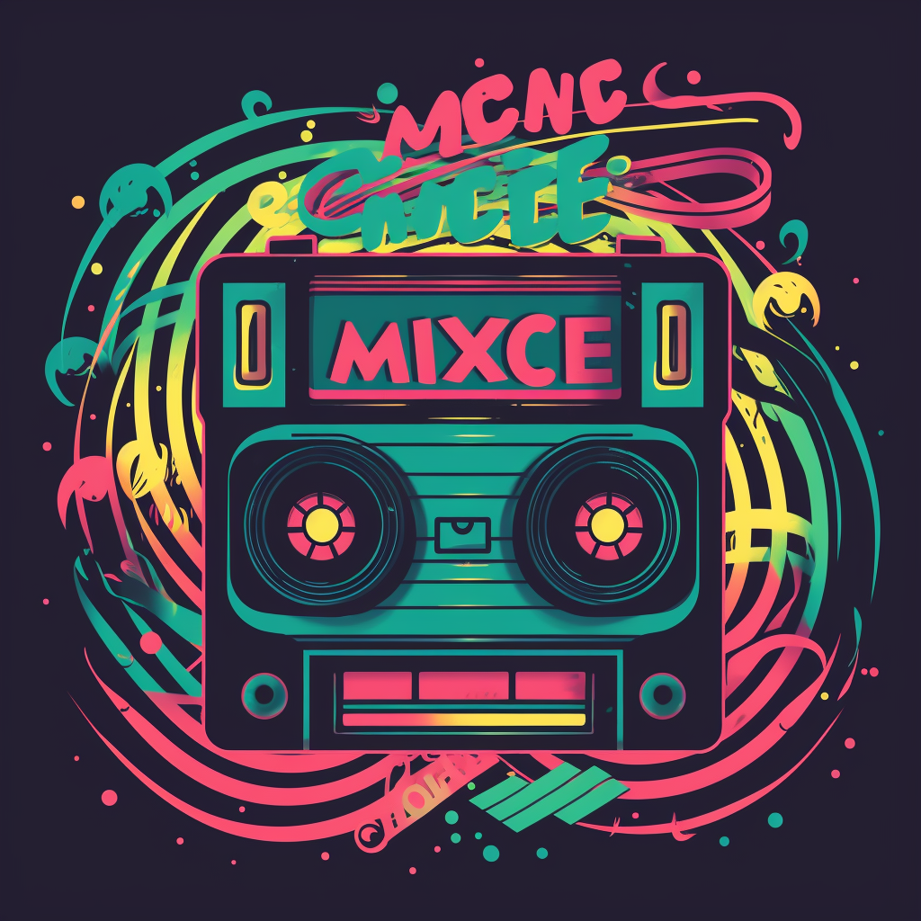 Catchy slogan 'Music is My Time Machine' with retro cassette tape surrounded by colorful soundwaves.