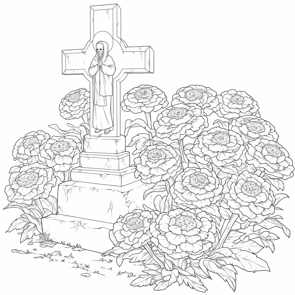 Catholic Prayer in Graveyard: Anime Marigold Flowers