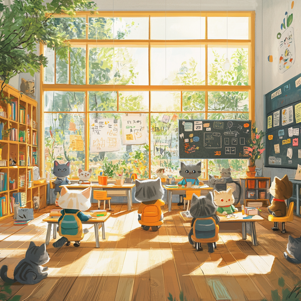 Cats' First Day of School in Colorful Classroom 