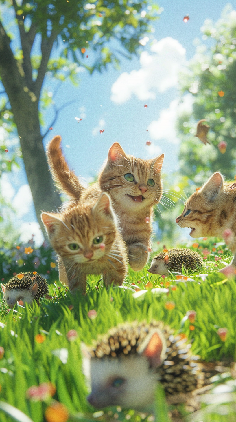 Cats, hedgehogs playing happily under the sun.