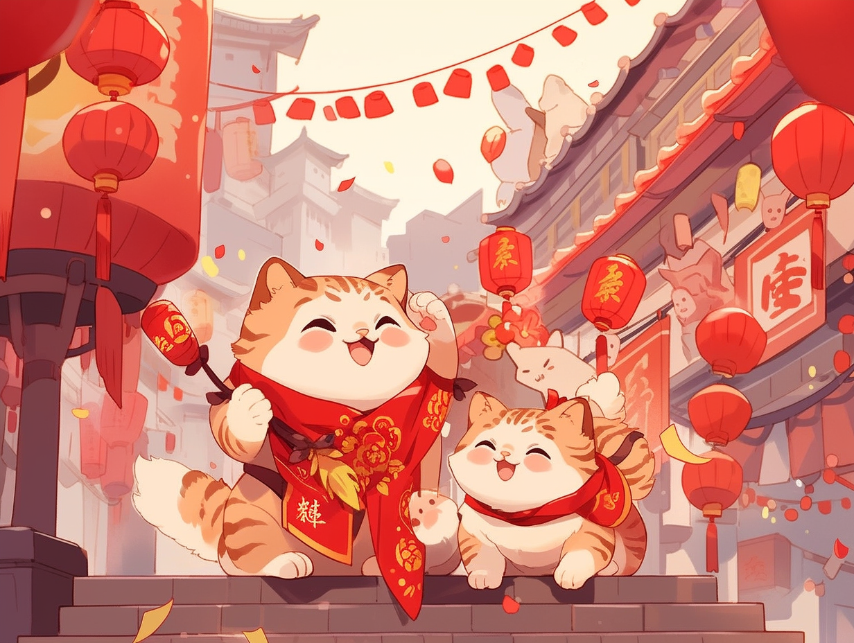 Playful cats enjoying Chinese spring festival