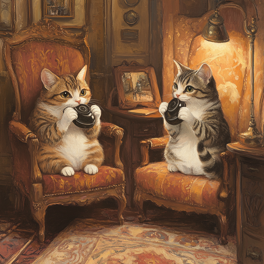 Cats Talking on Vintage Phones in Cozy Spaces