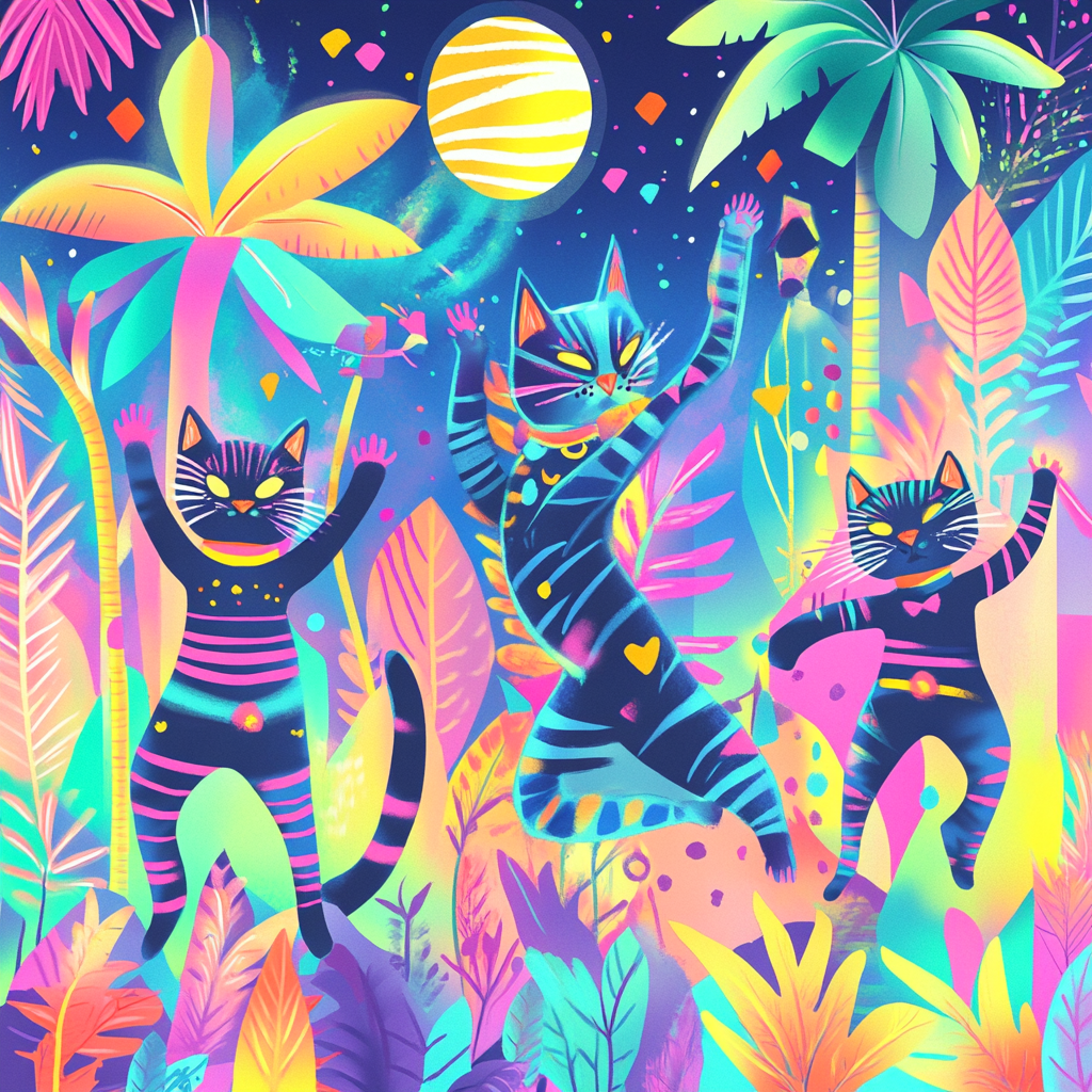 Cats dancing in colorful jungle with funky outfits.