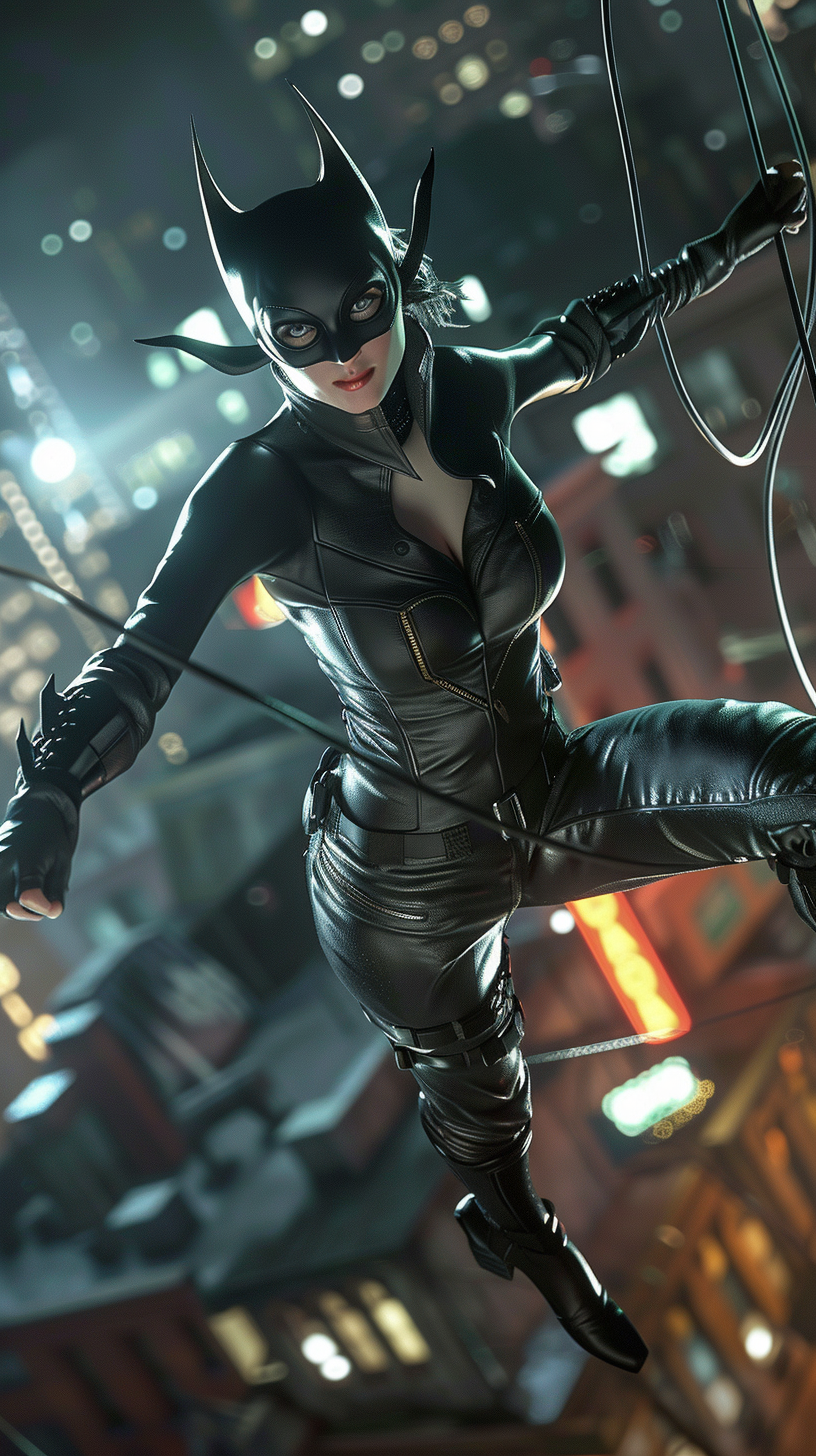 Catwoman leaping across rooftops in Gotham city at night.