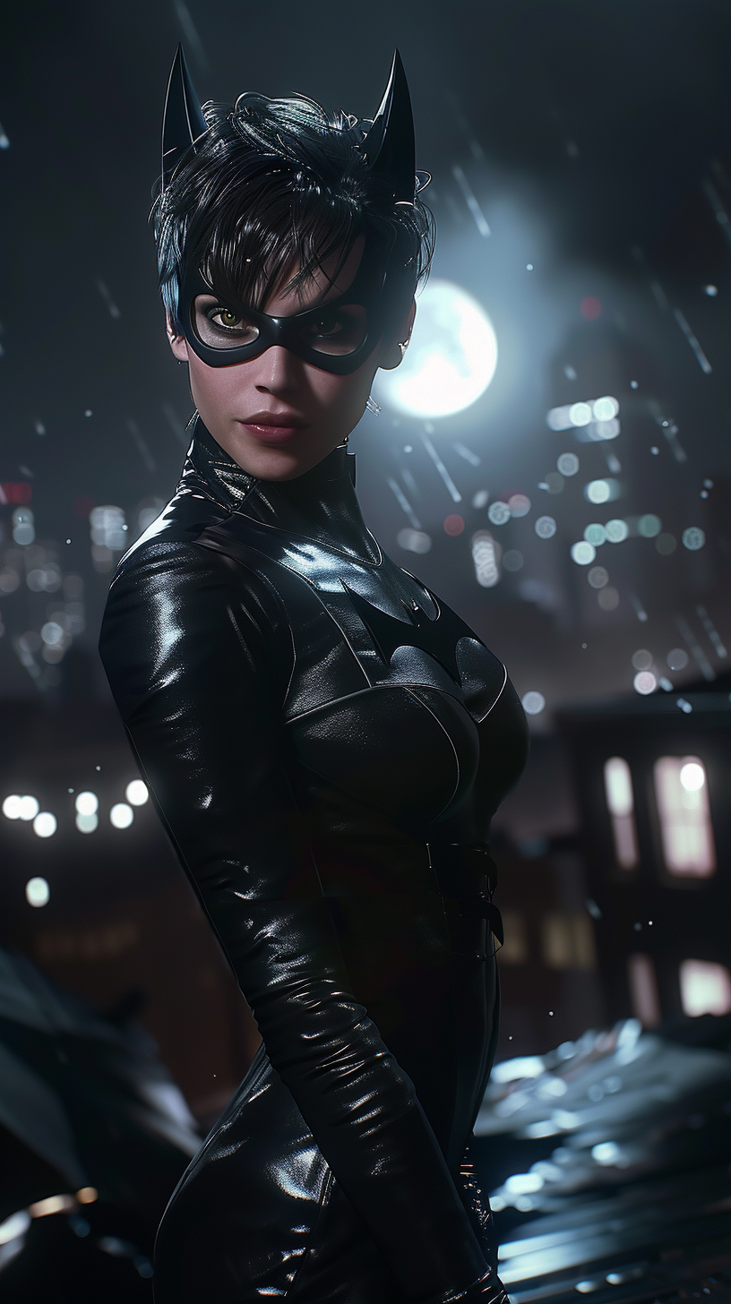 Catwoman standing on rooftop in Gotham City at night.