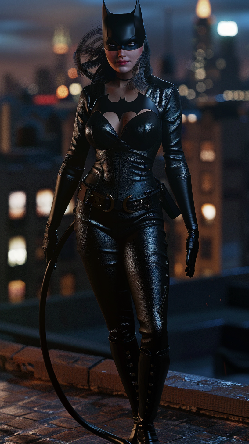 Catwoman with whip and sly grin on Gotham rooftop.