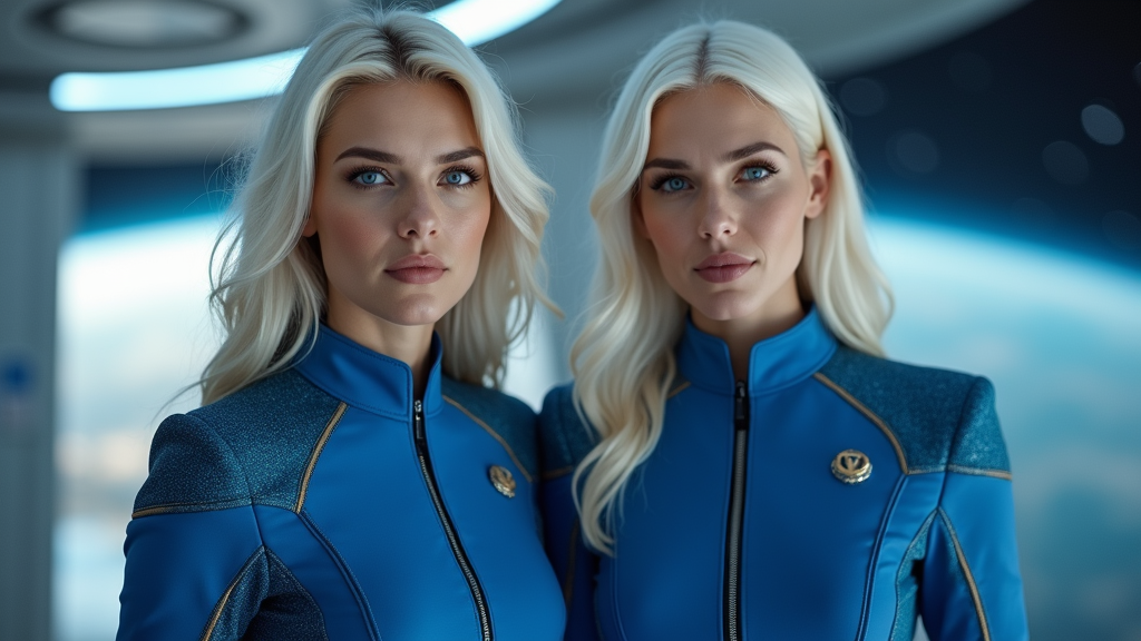 Caucasian Couple Orbiting Earth in Blue Starship Uniforms