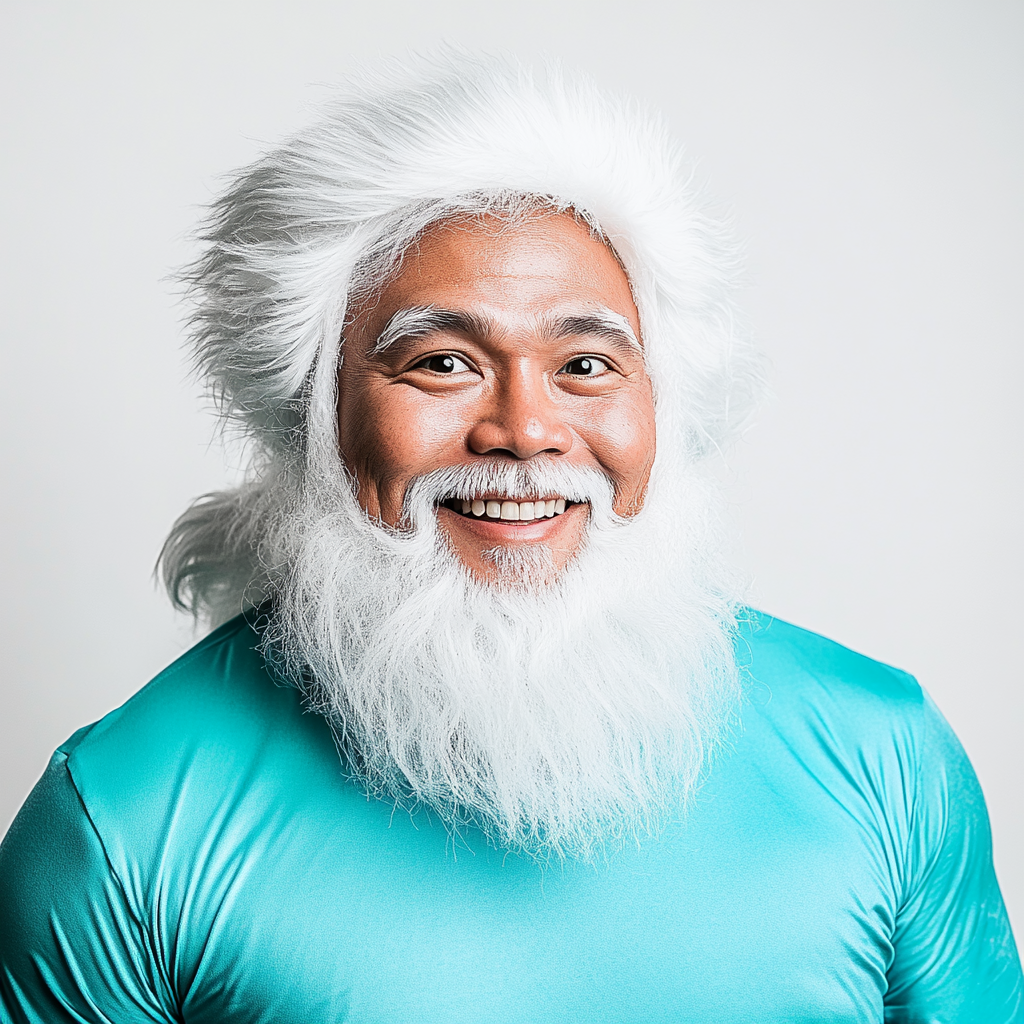 Caucasian Santa in blue costume and white beard