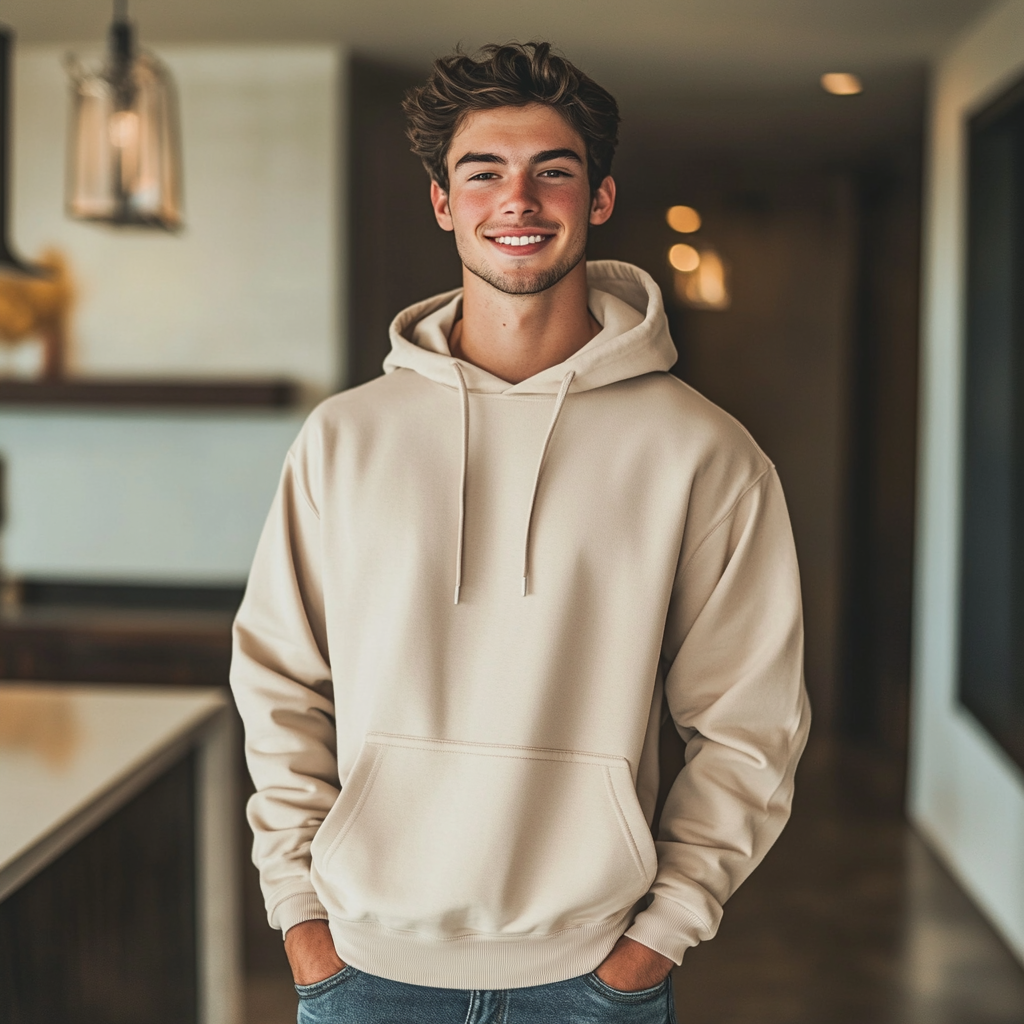 Caucasian male model wearing Gildan 18500 Hoodie indoors.